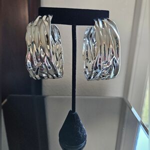 INC Wide Silver Textured Hoop Earrings